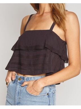 Amuse Society Dark Brown Ruffle Eyelet Crop Tank